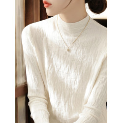 Basic House/百家好米白色半高領針織打底衫女秋季高級感內搭上衣