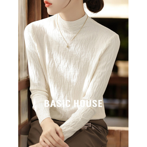 Basic House/百家好米白色半高領針織打底衫女秋季高級感內搭上衣