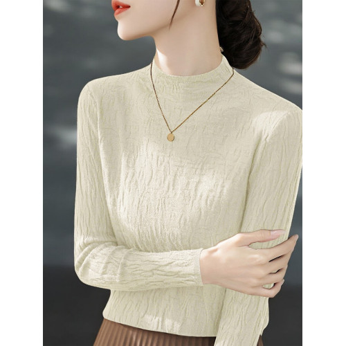 Basic House/百家好米白色半高領針織打底衫女秋季高級感內搭上衣