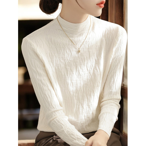 Basic House/百家好米白色半高領針織打底衫女秋季高級感內搭上衣