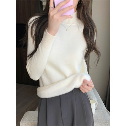 拉夏貝爾加絨半高領毛衣女冬季新款內搭保暖一體絨針織打底衫上衣