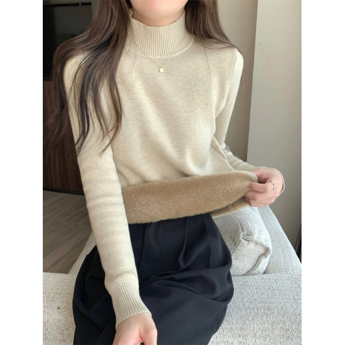 拉夏貝爾加絨半高領毛衣女冬季新款內搭保暖一體絨針織打底衫上衣