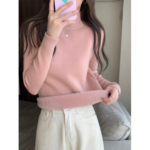 拉夏貝爾加絨半高領毛衣女冬季新款內搭保暖一體絨針織打底衫上衣