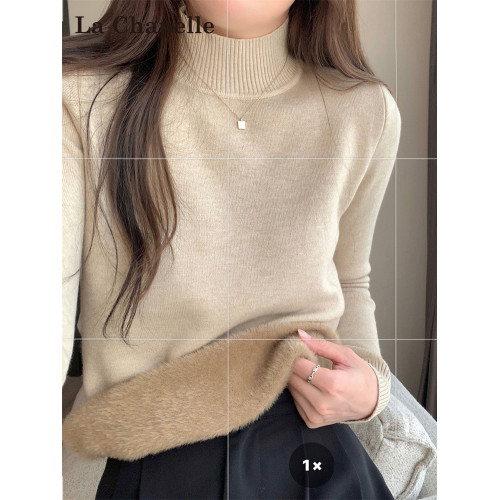 拉夏貝爾加絨半高領毛衣女冬季新款內搭保暖一體絨針織打底衫上衣