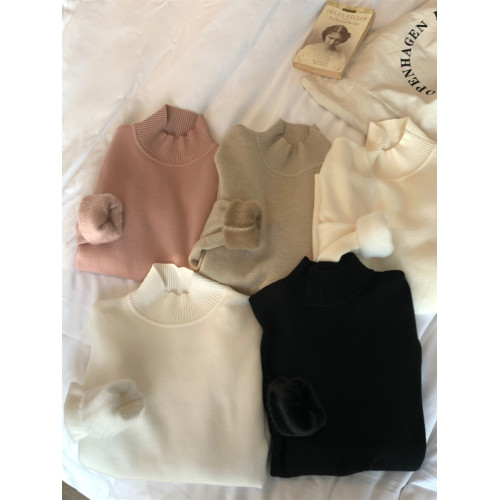 拉夏貝爾加絨半高領毛衣女冬季新款內搭保暖一體絨針織打底衫上衣