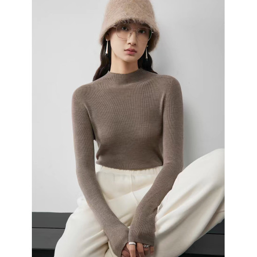 100%可機洗精紡羊毛半高領修身無縫針織內搭打底衫女秋冬百搭毛衣