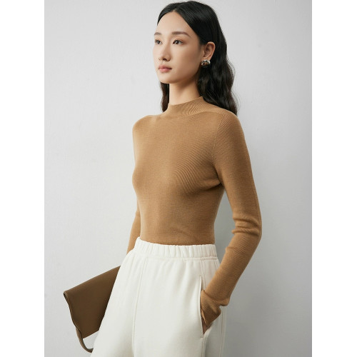 100%可機洗精紡羊毛半高領修身無縫針織內搭打底衫女秋冬百搭毛衣