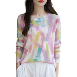 超細水溶精紡純羊毛衫女防曬衫圓領套頭夏季針織打底寬松顯瘦印花