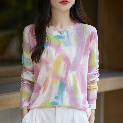 超細水溶精紡純羊毛衫女防曬衫圓領套頭夏季針織打底寬松顯瘦印花