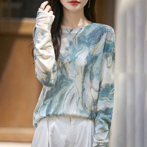 超細水溶精紡純羊毛衫女防曬衫圓領套頭夏季針織打底寬松顯瘦印花