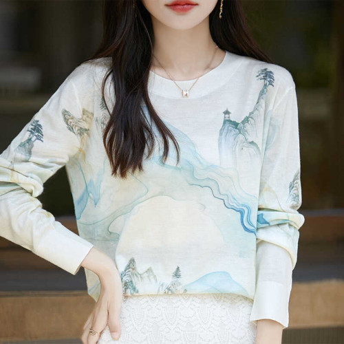 超細水溶精紡純羊毛衫女防曬衫圓領套頭夏季針織打底寬松顯瘦印花