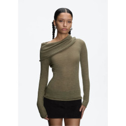 Tankair 斜肩蕩領長袖針織上衣 茶綠色修身百搭微透黑色打底衫