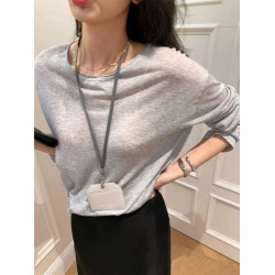 薄款圓領微透超細天絲針織打底衫女寬松紫色防曬衫長袖顯瘦罩衫