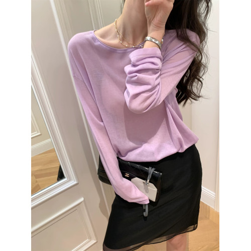 薄款圓領微透超細天絲針織打底衫女寬松紫色防曬衫長袖顯瘦罩衫