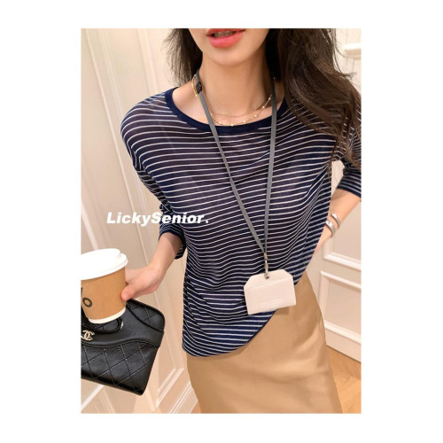 薄款圓領微透超細天絲針織打底衫女寬松紫色防曬衫長袖顯瘦罩衫