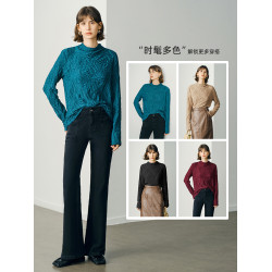 顔域藍色長袖打底衫女士2025新款秋季簡約通勤半高領長袖寬松上衣