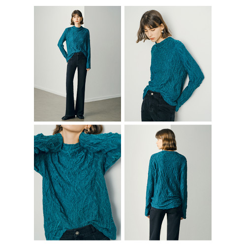 顔域藍色長袖打底衫女士2025新款秋季簡約通勤半高領長袖寬松上衣