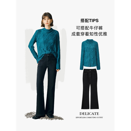 顔域藍色長袖打底衫女士2025新款秋季簡約通勤半高領長袖寬松上衣