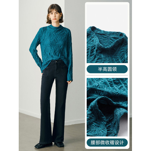 顔域藍色長袖打底衫女士2025新款秋季簡約通勤半高領長袖寬松上衣