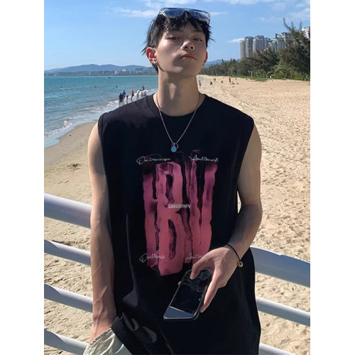 倉石一樹美式潮牌字母印花背心男士夏季新款純棉無袖體恤休閒坎肩