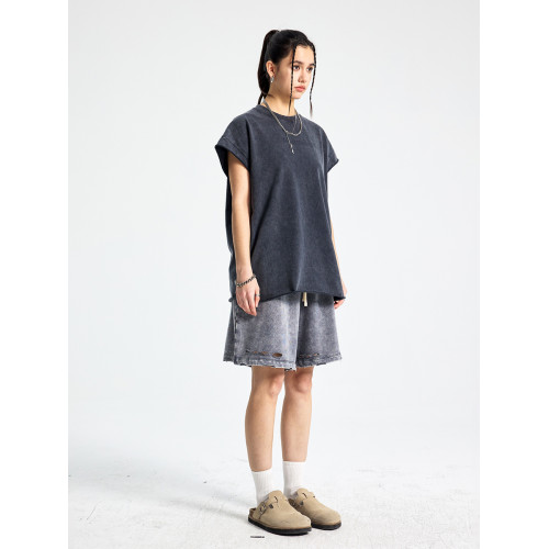 美式高街痞帥水洗做舊散邊拼接運動健身坎肩寬肩無袖T恤背心男潮