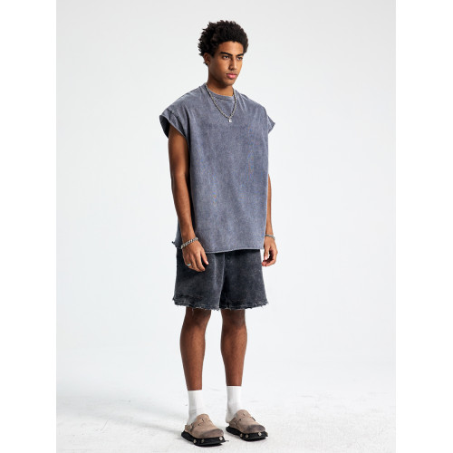 美式高街痞帥水洗做舊散邊拼接運動健身坎肩寬肩無袖T恤背心男潮