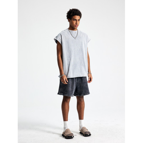 美式高街痞帥水洗做舊散邊拼接運動健身坎肩寬肩無袖T恤背心男潮