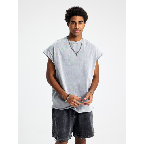 美式高街痞帥水洗做舊散邊拼接運動健身坎肩寬肩無袖T恤背心男潮