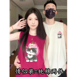 情侶裝無袖T恤夏季玫紅色情侶貓咪套裝網紅高級感ins純棉背心兩件