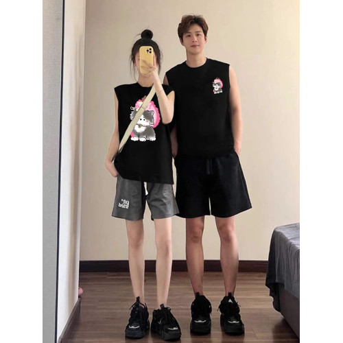 情侶裝無袖T恤夏季玫紅色情侶貓咪套裝網紅高級感ins純棉背心兩件