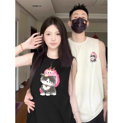 情侶裝無袖T恤夏季玫紅色情侶貓咪套裝網紅高級感ins純棉背心兩件