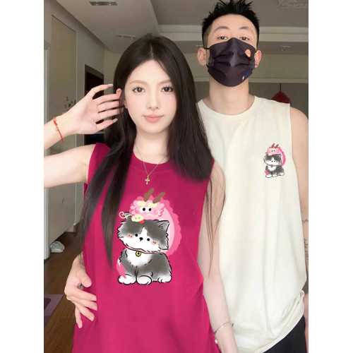 情侶裝無袖T恤夏季玫紅色情侶貓咪套裝網紅高級感ins純棉背心兩件