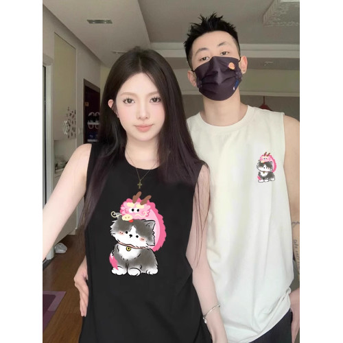 情侶裝無袖T恤夏季玫紅色情侶貓咪套裝網紅高級感ins純棉背心兩件