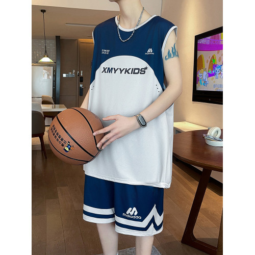 背心籃球套裝男孩初高中學生冰絲速乾無袖t恤青少年大童運動衣服