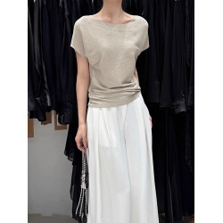 冰絲薄款短袖針織衫女夏季2025新款韓系設計感褶皺收腰打底衫上衣