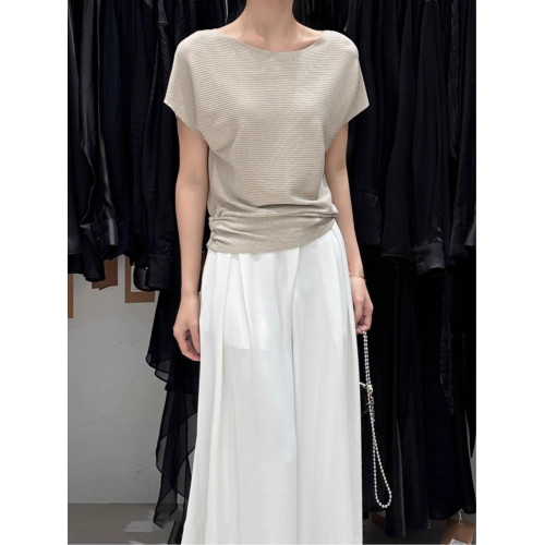 冰絲薄款短袖針織衫女夏季2025新款韓系設計感褶皺收腰打底衫上衣