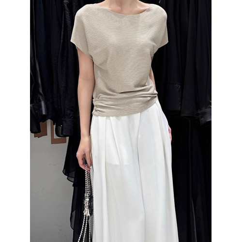 冰絲薄款短袖針織衫女夏季2025新款韓系設計感褶皺收腰打底衫上衣