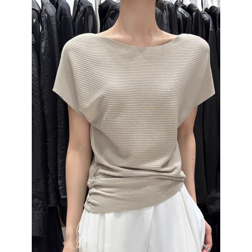 冰絲薄款短袖針織衫女夏季2025新款韓系設計感褶皺收腰打底衫上衣