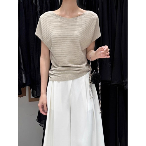 冰絲薄款短袖針織衫女夏季2025新款韓系設計感褶皺收腰打底衫上衣