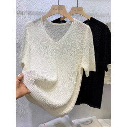 夏裝薄款內搭V領純色鏤空冰絲針織衫短袖女韓版寬松短款打底衫薄