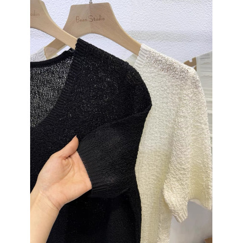 夏裝薄款內搭V領純色鏤空冰絲針織衫短袖女韓版寬松短款打底衫薄