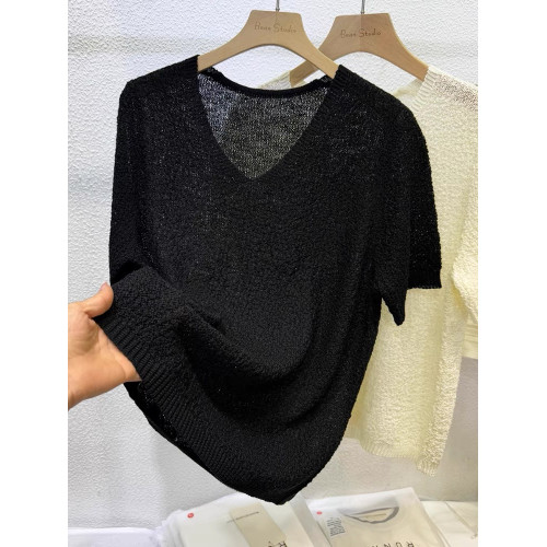 夏裝薄款內搭V領純色鏤空冰絲針織衫短袖女韓版寬松短款打底衫薄