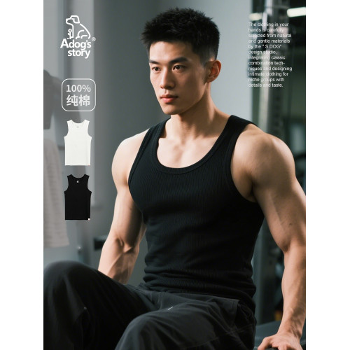 純棉工字背心男款運動健身夏季修身美式硬漢粗螺紋重磅黑色男士