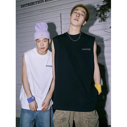 WASSUP小字母純棉坎肩背心男女夏季潮牌運動健身情侶無袖T恤