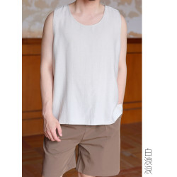 白浪浪 無彈性輕薄寬松杏白色立體紋面料舒適夏季復古背心男短款