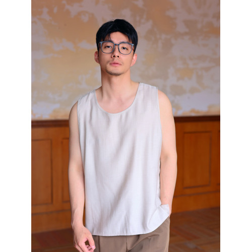 白浪浪 無彈性輕薄寬松杏白色立體紋面料舒適夏季復古背心男短款