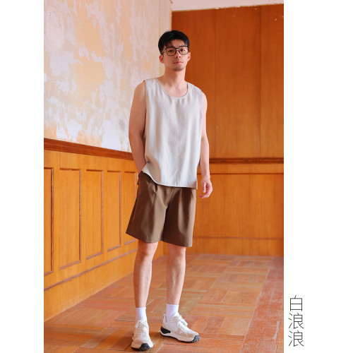 白浪浪 無彈性輕薄寬松杏白色立體紋面料舒適夏季復古背心男短款