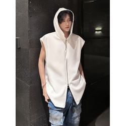 半拉鍊背心男款夏季潮牌美式高街vibe設計感寬松連帽坎肩無袖t恤