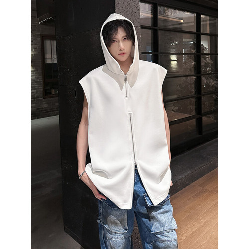 半拉鍊背心男款夏季潮牌美式高街vibe設計感寬松連帽坎肩無袖t恤