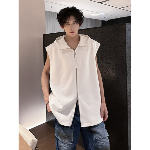 半拉鍊背心男款夏季潮牌美式高街vibe設計感寬松連帽坎肩無袖t恤